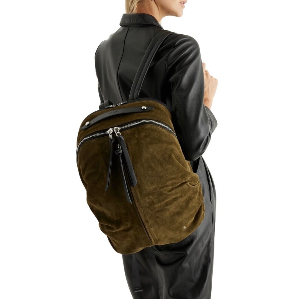 Rag & Bone Womens Olive Green Suede Leather Backpack With Zipper Closure & Adjus
